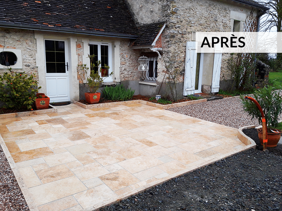 Aménagement d’une entrée de maison : terrasse, allée et cour à Châteauroux - Paysagiste Lantana Paysage Gaujard Rome Châteauroux