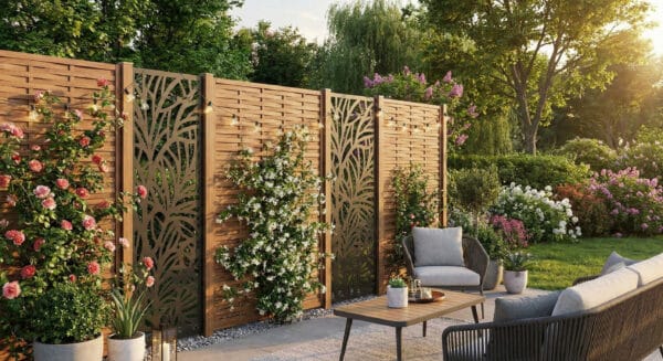 Jardin d&eacute;cor&eacute; avec claustra et brise-vue