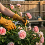 Mains taillants un rosier en fleurs