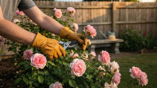 Mains taillants un rosier en fleurs