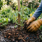 mains en train de mettre des copeaux de bois aux pieds d'une plantation