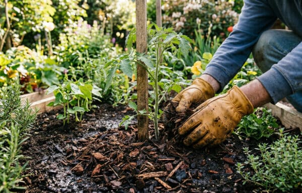 mains en train de mettre des copeaux de bois aux pieds d'une plantation