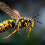 gros plan de frelon jaune et noir en plein vol