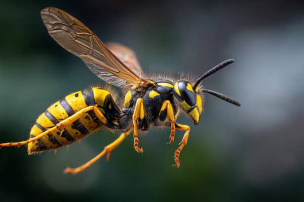 gros plan de frelon jaune et noir en plein vol