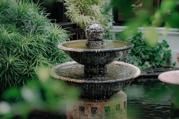 Fontaine dans un jardin sur un bassin entouré de plantes.